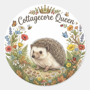 Cottagecore Queen Cute Hedgehog Floral Wreath Classic Round Sticker