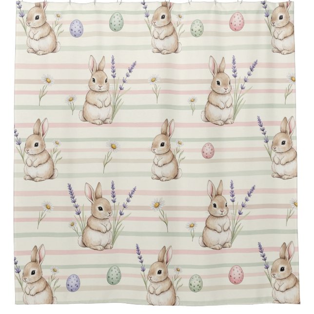 Cottagecore Rabbit Lavender Daisy Spring Shower Curtain (Front)