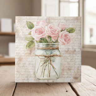 Cottagecore rustic mason jar pink roses farmhouse ceramic tile