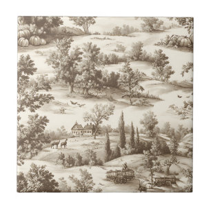 Cottagecore Sepia Harvest Pumpkin Toile Pattern Ceramic Tile