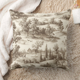 Cottagecore Sepia Harvest Pumpkin Toile Pattern Cushion