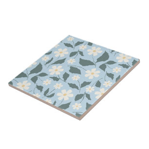 Cottagecore Sky Blue & White Daisy Floral Ceramic Tile