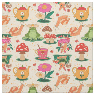 cottagecore snail magical garden frog beige fabric