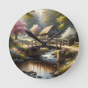 Cottagecore Spring Bridge Cottage Scene Round Clock