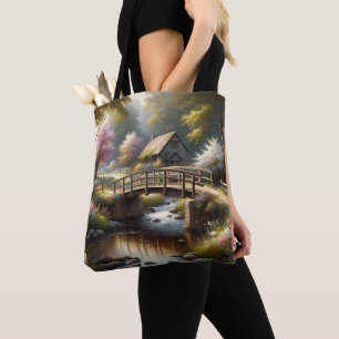 Cottagecore Spring Bridge Cottage Scene Tote Bag