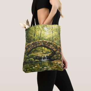 Cottagecore Stone Bridge and Stream Art Tote Bag