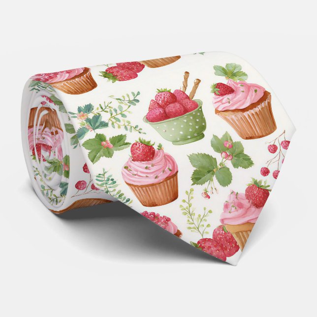 Cottagecore Strawberry Cupcake Necktie (Rolled)
