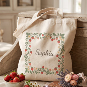 Cottagecore Strawberry Wreath Personalised Name Tote Bag