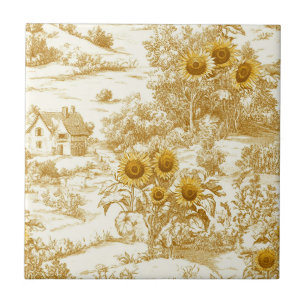 Cottagecore Sunflower Countryside Toile (8) Ceramic Tile
