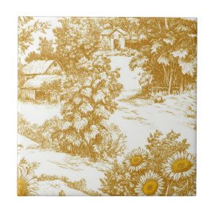 Cottagecore Sunflower Countryside Toile (9) Ceramic Tile