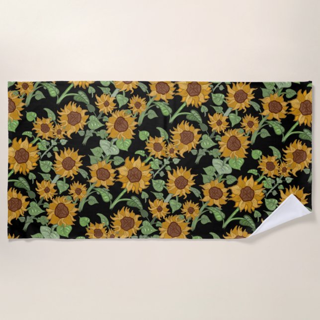 Cottagecore Sunflowers Pattern Beach Towel (Front)