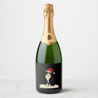 Cottagecore Tuxedo Cat Funny Xmas Aesthetic Santa  Sparkling Wine Label