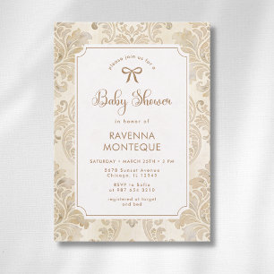 Cottagecore Vintage Brown Gold Bow Baby Shower Invitation
