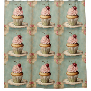 Cottagecore Vintage French Country Pink Cupcake Shower Curtain