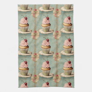Cottagecore Vintage French Country Pink Cupcake  Tea Towel
