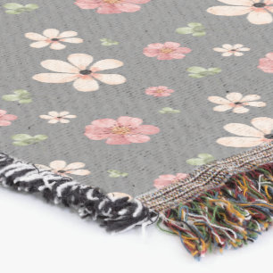 Cottagecore watercolor flowers grey pattern throw blanket