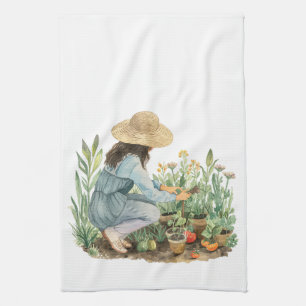 Cottagecore Watercolor Garden Girl Towel