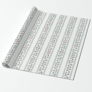Cottagecore Watercolor Holly Stripe Christmas Wrapping Paper