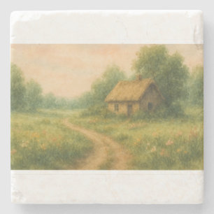 Cottagecore Watercolor Rustic Cottage Scene Stone Coaster