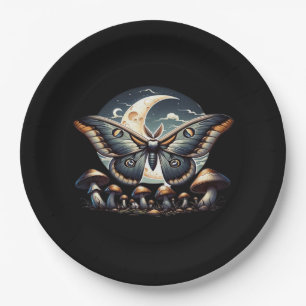 Cottagecore Whimsigoth Moth Mushrooms In Moonlight Paper Plate