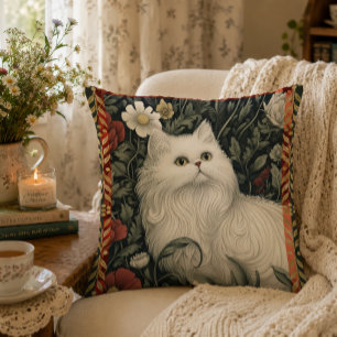 Cottagecore White Cat William Morris Style Cushion