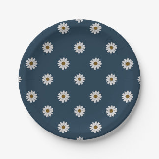 Cottagecore White Daises on Navy Background Paper Plate
