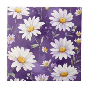 Cottagecore White Daisies and Sage Green Leaves Ceramic Tile