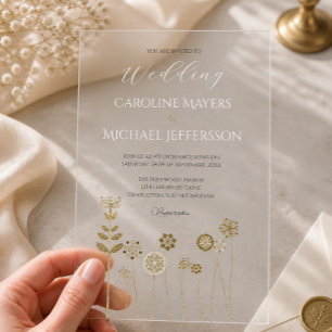 Cottagecore White Gold Floral Wedding Invite Acrylic Invitations