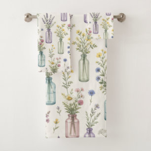 Cottagecore Wildflowers in Glass Jars Bath Towel Set