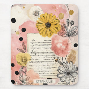 Cottagecore Wildflowers on an Old Journal Page Mouse Pad