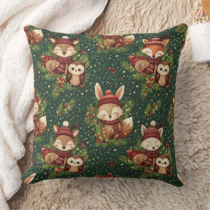 Cottagecore Winter Woodland Animal Pattern Cushion