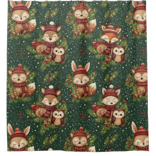 Cottagecore Winter Woodland Animal Pattern Shower Curtain