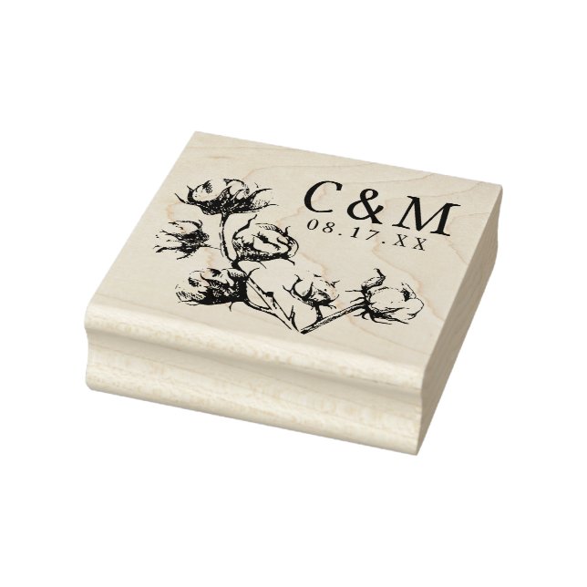 Cotton Boll Plant Wedding Save the Date Monogram Rubber Stamp (Stamp)