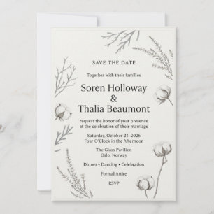 Cotton Bolls, Winter Branches, Minimalist Border F Invitation