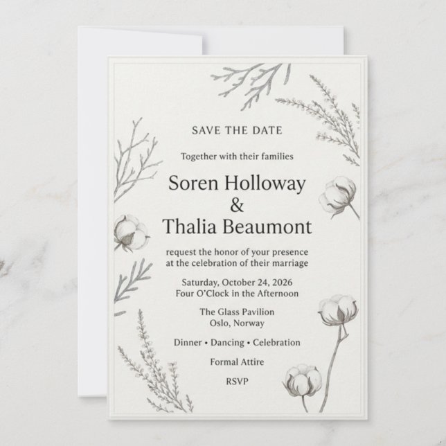Cotton Bolls, Winter Branches, Minimalist Border F Invitation (Front)