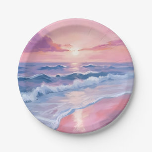 Cotton Candy Beach   Pink Ocean Waves Painting Paper Plate