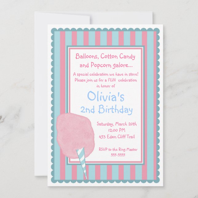 Cotton Candy Circus Carnival Birthday Invitation (Front)