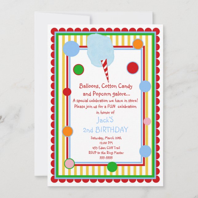 Cotton Candy Circus Carnival Birthday Invitation (Front)