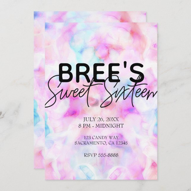 Cotton Candy Colours Watercolor Glam Sweet 16 Part Invitation (Front/Back)