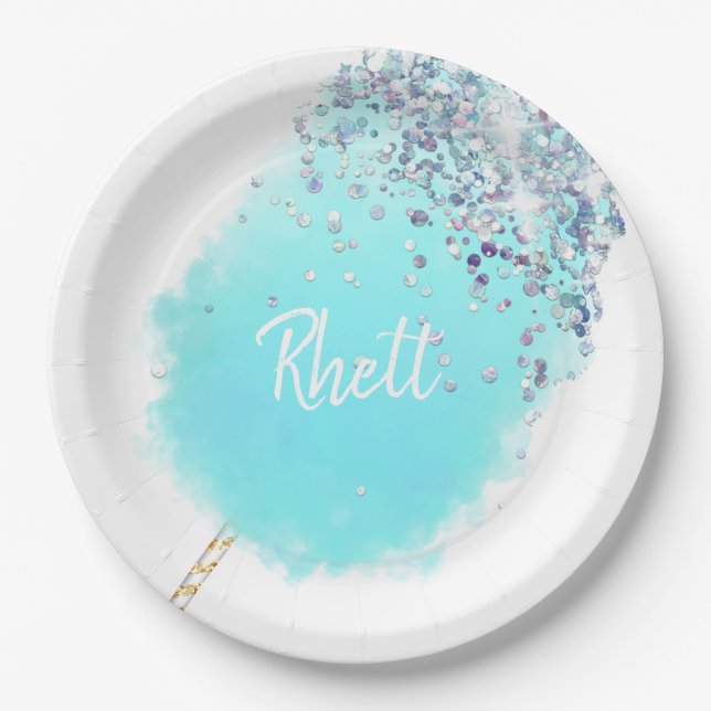 Cotton candy cute blue and silver glitter  paper plate (Front)