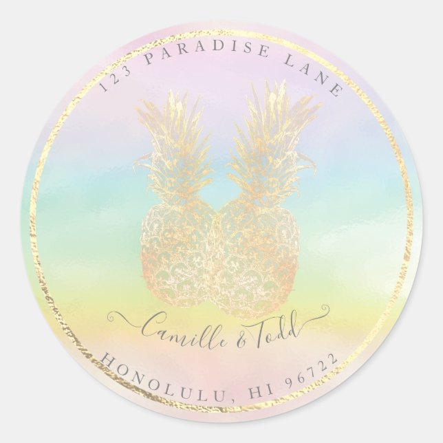 Cotton Candy Faux Gold Double Pineapples Classic Round Sticker (Front)