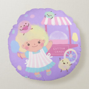 Cotton Candy Girl with Sweet Fluffy Monsters Round Cushion