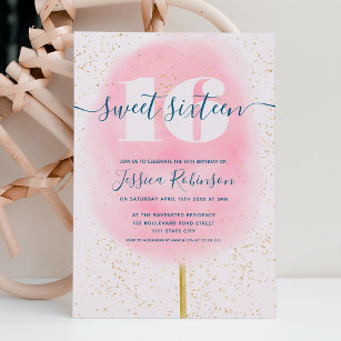 Cotton candy glitter navy pink watercolor sweet 16 invitation