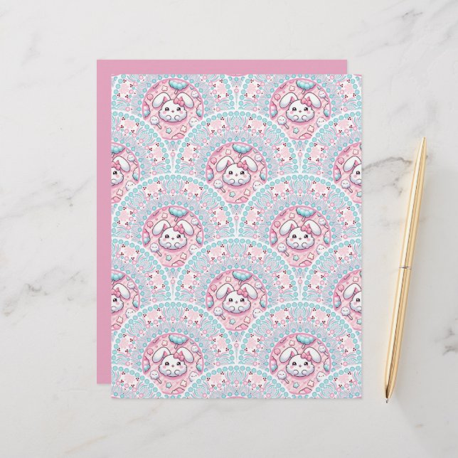 Cotton Candy Kawaii Bunny Mandala Art Deco Paper (Front/Back In Situ)