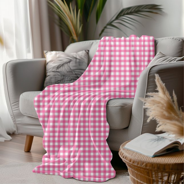 Cotton Candy Pink and White Gingham Chequered Cosy Fleece Blanket (Creator Uploaded)