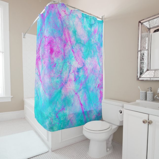 Cotton Candy Pink & Blue Watercolor Wash Stain Shower Curtain (In Situ)