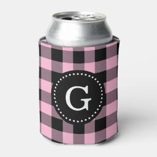Cotton Candy Pink Buffalo Check Plaid 1I Monogram Can Cooler