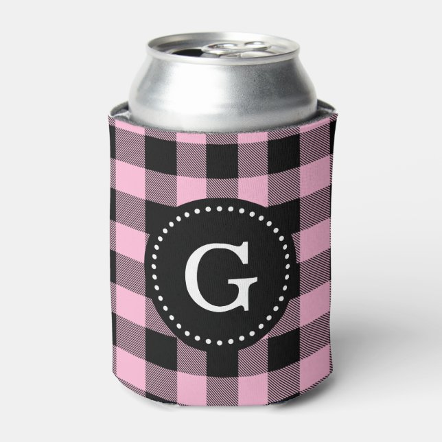 Cotton Candy Pink Buffalo Check Plaid 1I Monogram Can Cooler (Can Front)