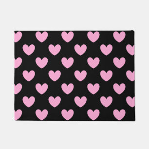 Cotton Candy Pink polka hearts on black Doormat