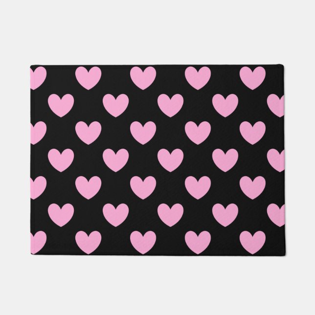Cotton Candy Pink polka hearts on black Doormat (Front)
